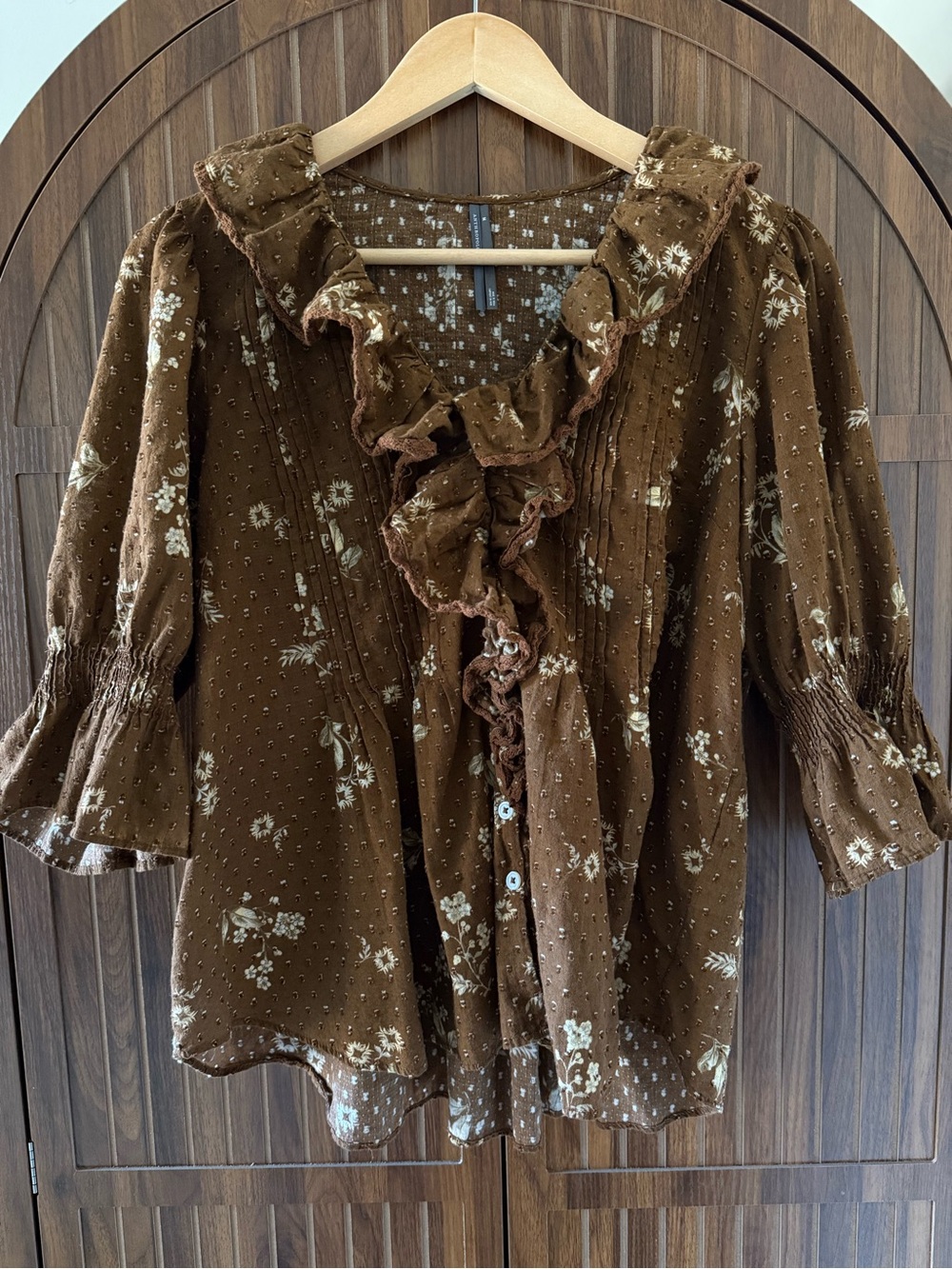 Anthropologie Brown Floral Ruffle Front Blouse